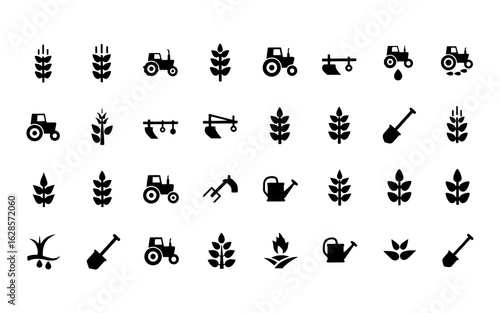 Collection of agricultural icons featuring tractors wheat stalks plows shovels and watering cans