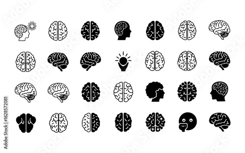 Collection of diverse brain icons representing cognition ideas and human intelligence