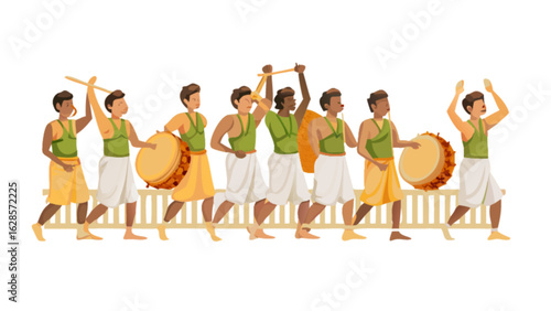 Group of men performing traditional dhol baja with drums and sticks in a cultural procession scene