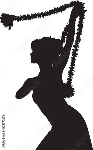 Silhouette of a woman dancing with a lei made of flowers hula