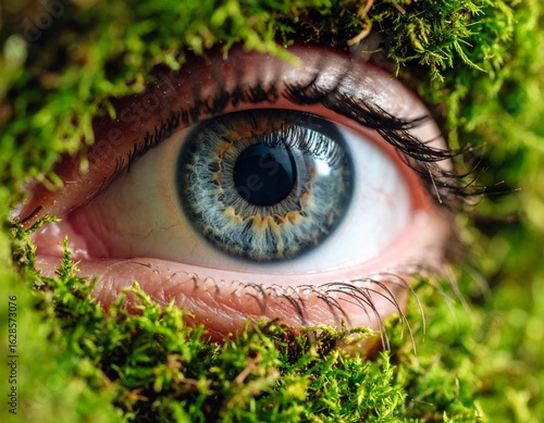 Moss-Grown Eye Close-Up in Surreal Natural Decay