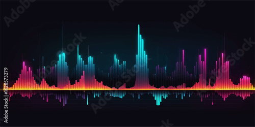 Vector urban cityscape at night with a blue equalizer sound wave and music notes backdrop
