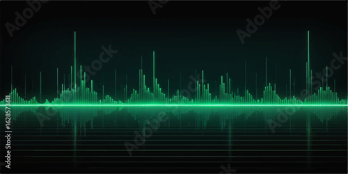Heartbeat pulse graph, a green medical sound wave illustration on a black background, shows frequency rate technology