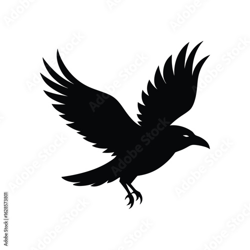 Crow Flying in Sky with Spread Wings Silhouette Vector Illustration
