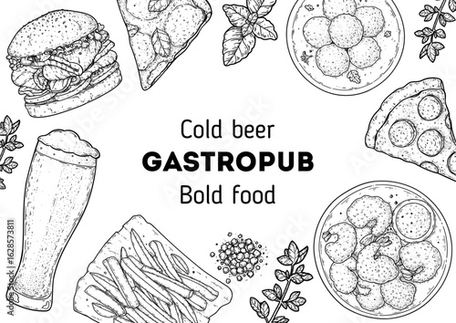 Gastropub menu. Pub food and beer. Hand drawn vector illustration. Food and drink sketch. Top view. Hand drawn food collection for gastropub or pub menu design. Beer,burger, pizza, french fries