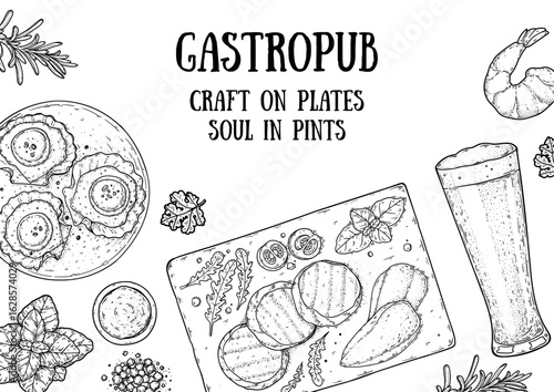 Gastropub menu. Pub food and beer. Hand drawn vector illustration. Food and drink sketch. Top view. Hand drawn food collection for gastropub or pub menu design. Beer and snacks