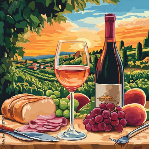 Rose Wine Bottle and Glasses Composition