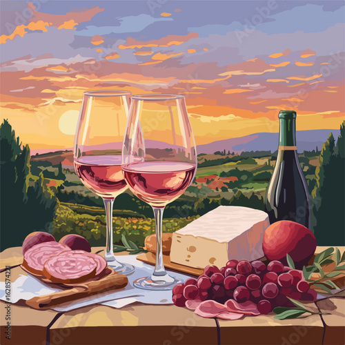 Rose Wine Bottle and Glasses Composition