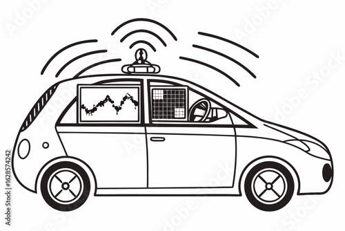Smart car with data display and wi fi signal isolated on white background