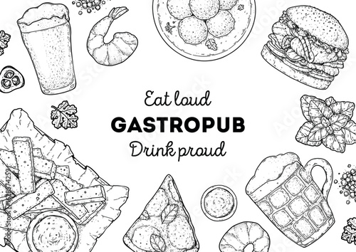 Gastropub menu. Pub food and beer. Hand drawn vector illustration. Food and drink sketch. Top view. Hand drawn food collection for gastropub or pub menu design. Beer, croutons, burger, pizza,snacks