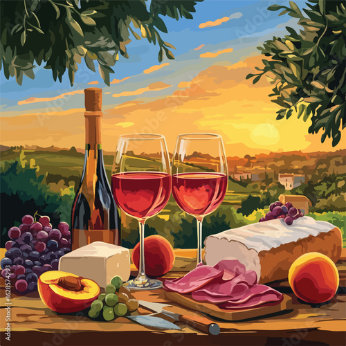 Rose Wine Bottle and Glasses Composition