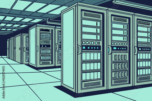 Server room with racks of computers isolated on white background