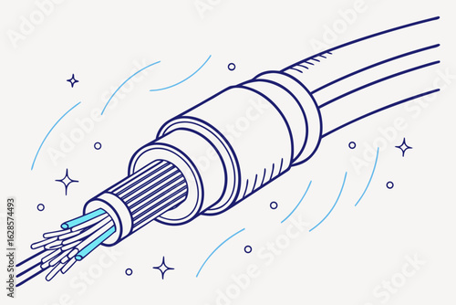 Close up of a fiber optic cable with exposed strands isolated on white background
