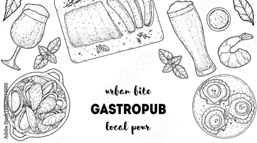 Gastropub menu. Pub food and beer. Hand drawn vector illustration. Food and drink sketch. Top view. Hand drawn food collection for gastropub or pub menu design. Beer, spareribs, scallops and snacks.