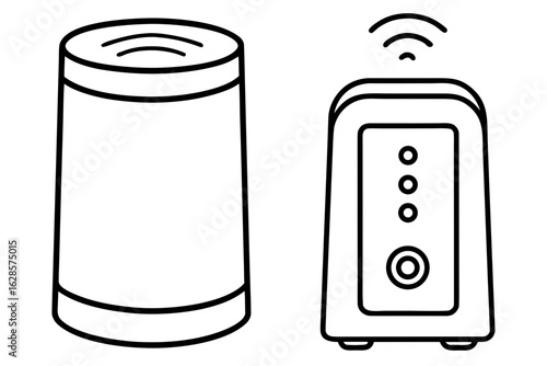 Outline illustration of a smart speaker and a router isolated on white background
