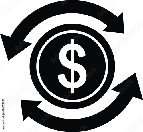 Currency exchange represented by a dollar sign coin surrounded by rotating arrows, symbolizing the continuous flow of money in the market, Vector