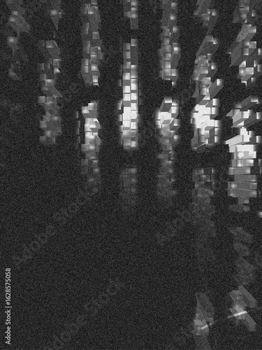 A dark abstract design featuring a 3D tunnel of floating pixelated cubes in grayscale tones. Ideal for cyberpunk, futuristic, or tech-themed backgrounds.