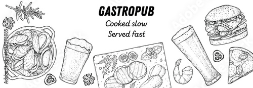 Gastropub menu. Pub food and beer. Hand drawn vector illustration. Food and drink sketch. Top view. Hand drawn food collection for gastropub or pub menu design. Beer and snacks.