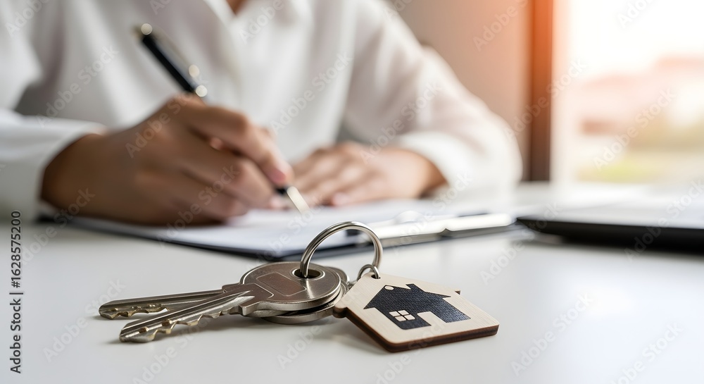 Fototapeta premium Signing real estate contract agreement for buying or selling property with house keys concept