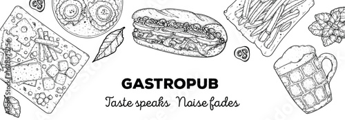 Gastropub menu. Pub food and beer. Hand drawn vector illustration. Food and drink sketch. Top view. Hand drawn food collection for gastropub or pub menu design. Beer,