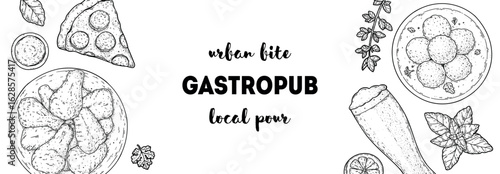 Gastropub menu. Pub food and beer. Hand drawn vector illustration. Food and drink sketch. Top view. Hand drawn food collection for gastropub or pub menu design. Beer,
