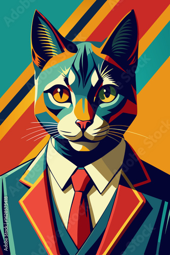 Cat in a Suit Portrait with Formal Attire and Striped Tie