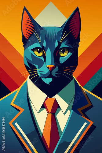 Cat in a Suit Portrait with Formal Attire and Striped Tie