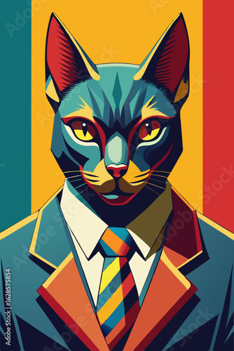 Cat in a Suit Portrait with Formal Attire and Striped Tie