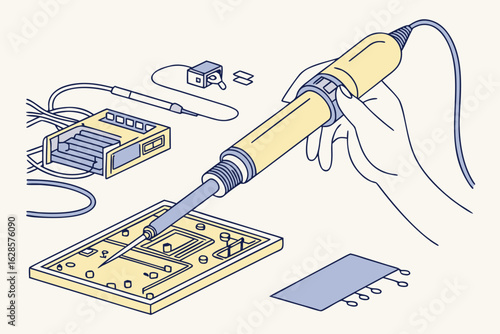 Hand holding soldering iron working on circuit board isolated on white background