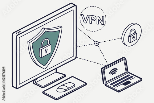 Computer network security with vpn protection isolated on white background