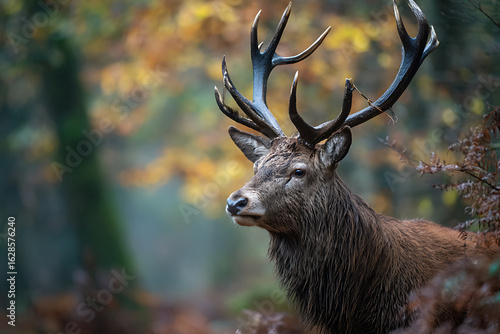 Fototapeta Naklejka Na Ścianę i Meble -  Majestic Red Deer Stag Portrait in Autumn Forest, Wildlife Photography