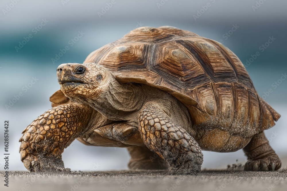 Fototapeta premium Large tortoise walking along a sandy beach near the ocean at sunrise during a peaceful morning