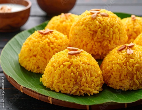 Traditional Nasi Kuning on Banana Leaf – Indonesian Celebration Dish