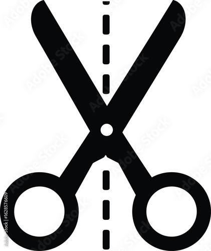 A black scissors graphic with cut line in the middle, Vector