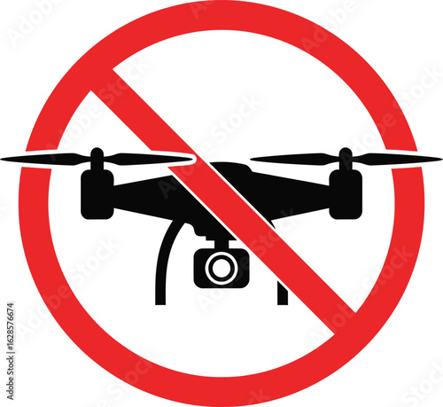 Prohibition sign depicting a drone, indicating no drone zone. The circular sign and red line symbolize restriction and alert users of the exclusion of drone Vector