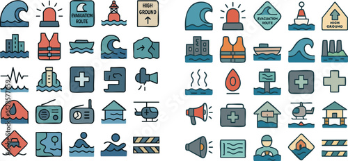 Flood Disaster Safety Icons Collection.