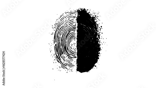 One black fingerprint on white background. human fingerprint on a clean white background. Simple and clear biometric design with ample caption space for identity, security. 