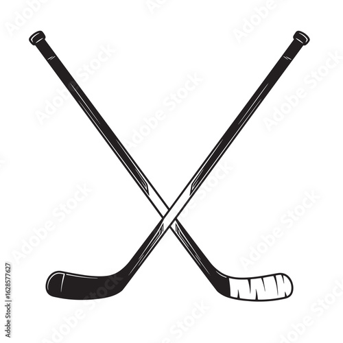 Crossed ice hockey sticks in black and white depicting sports equipment symbol