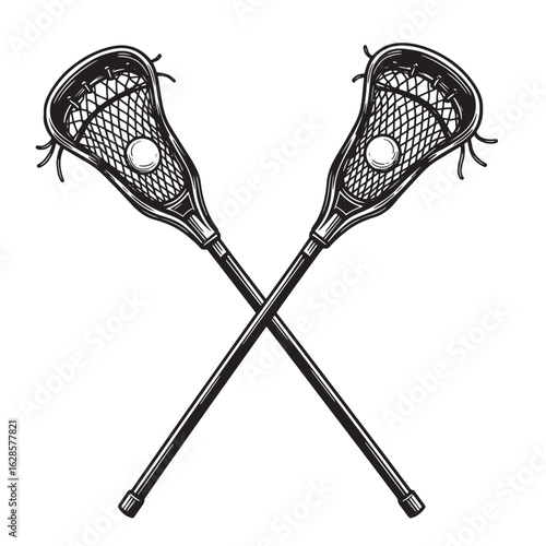 Crossed lacrosse sticks black and white illustration for sports team logo design