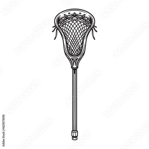 Detailed black and white illustration of a lacrosse stick on a plain white background