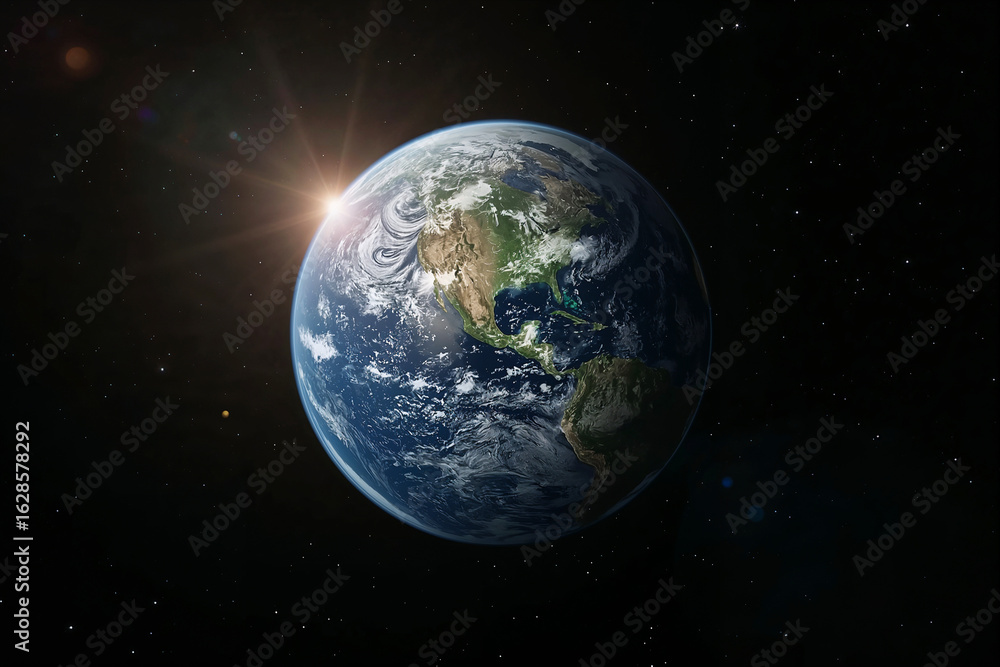 Fototapeta premium Planet Earth glowing in the vastness of space with sun rays and stars galaxy