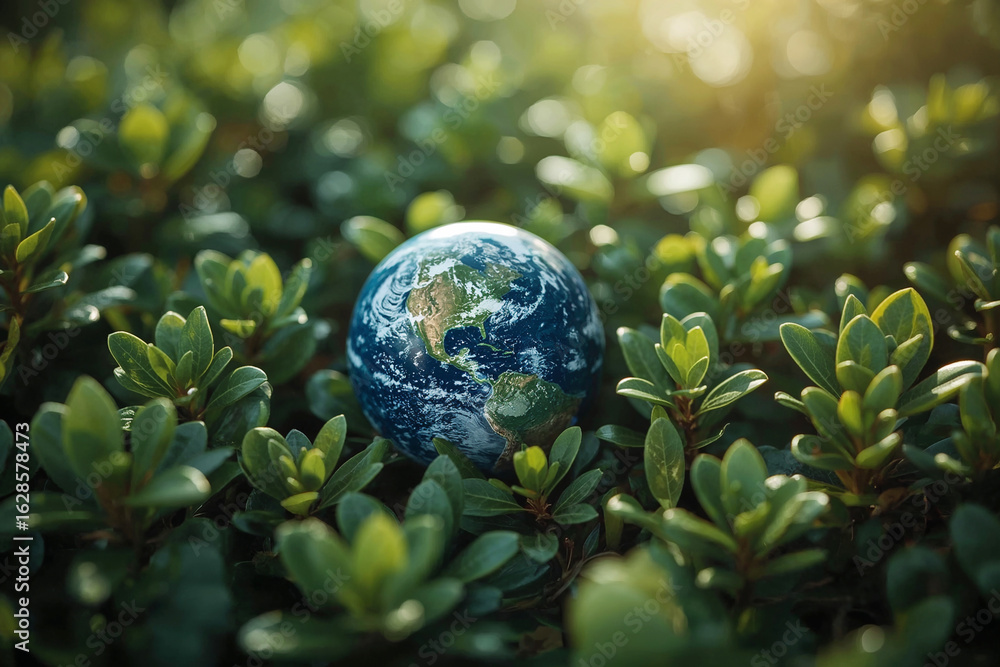 Fototapeta premium Earth Globe Surrounded by Green Plants in Nature