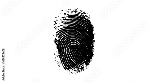 One black fingerprint on white background. human fingerprint on a clean white background. Simple and clear biometric design with ample caption space for identity, security. 