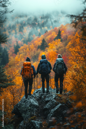 hikers trekking on a mountain in the fall.