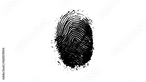 One black fingerprint on white background. human fingerprint on a clean white background. Simple and clear biometric design with ample caption space for identity, security. 