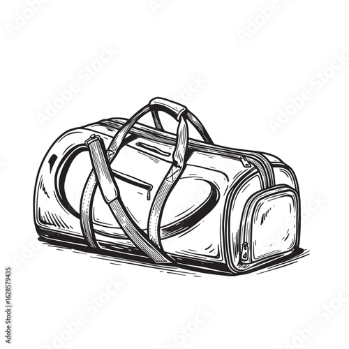 Hand-drawn ink illustration of a duffel bag for travel or sports activities in grayscale