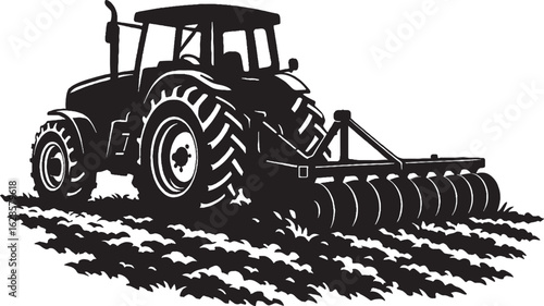 Black-and-White Silhouette of a Tractor Pulling a Disc Harrow for Field Tillage, Isolated on White Background