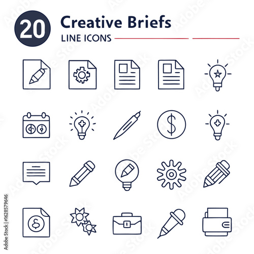 Collection of line icons depicting creative briefs including documents, ideas, tools, and finance symbols