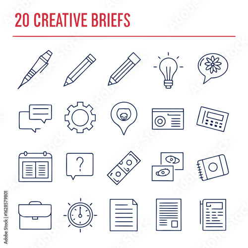 Illustration featuring creative brief icons including pens, pencils, lightbulb, gear, and documents design elements