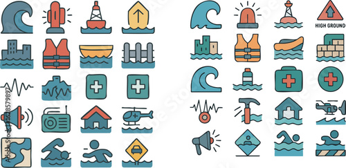 Flood Emergency Response and Safety Icons Collection.